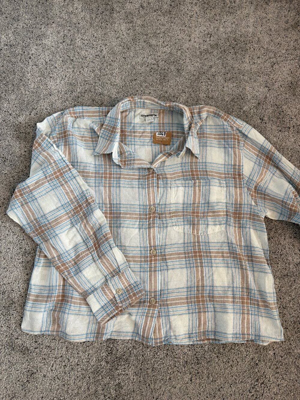 Eddie Bauer Women's Blue Tan Plaid Long Sleeve Button-Down Flannel Shirt Size M